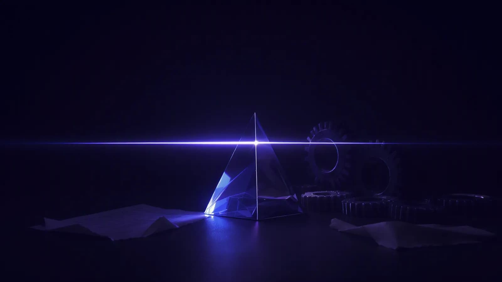 A glowing crystal prism with a single beam of light passing through it, next to gears and sheets of paper on a dark background.