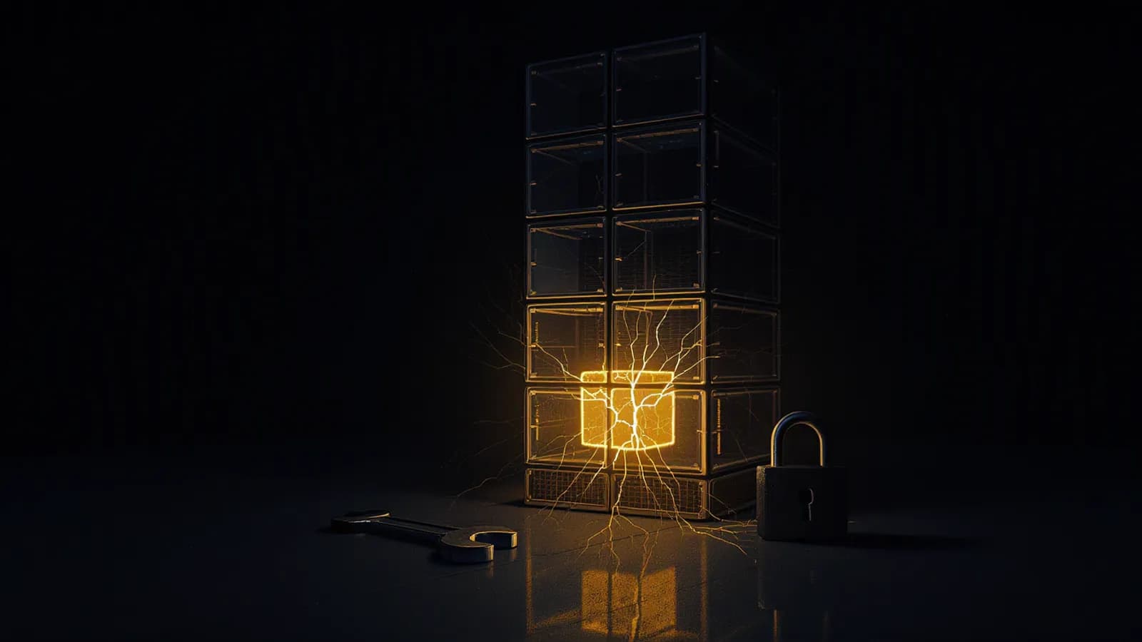 Abstract illustration of a glass server rack with one cracked, glowing core block leaking amber light, with a wrench and a closed padlock resting beside it.